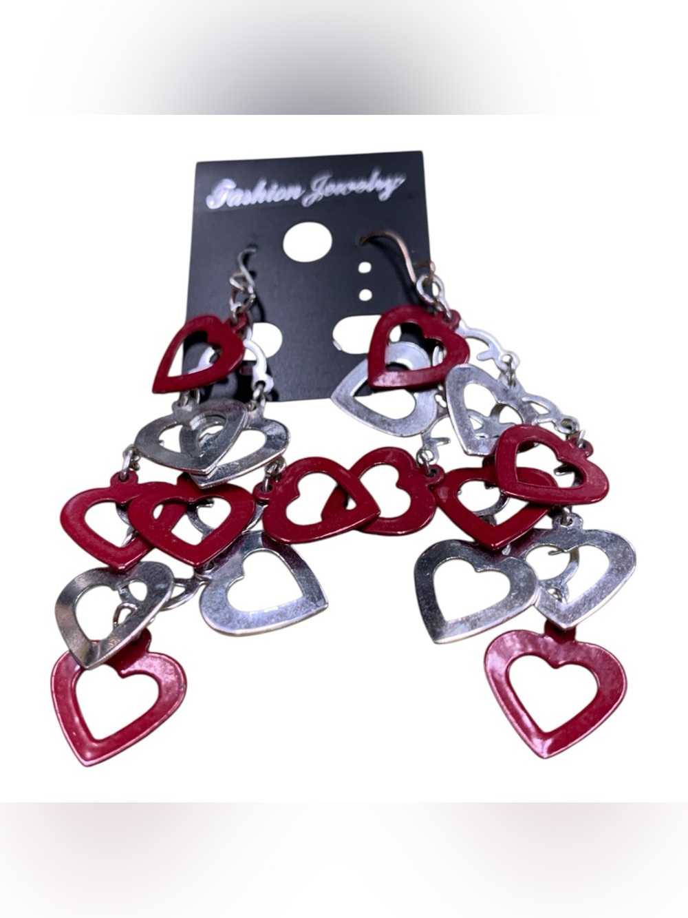 Fashion Jewelry Red and Silver Layered Heart Dangle Earrings
